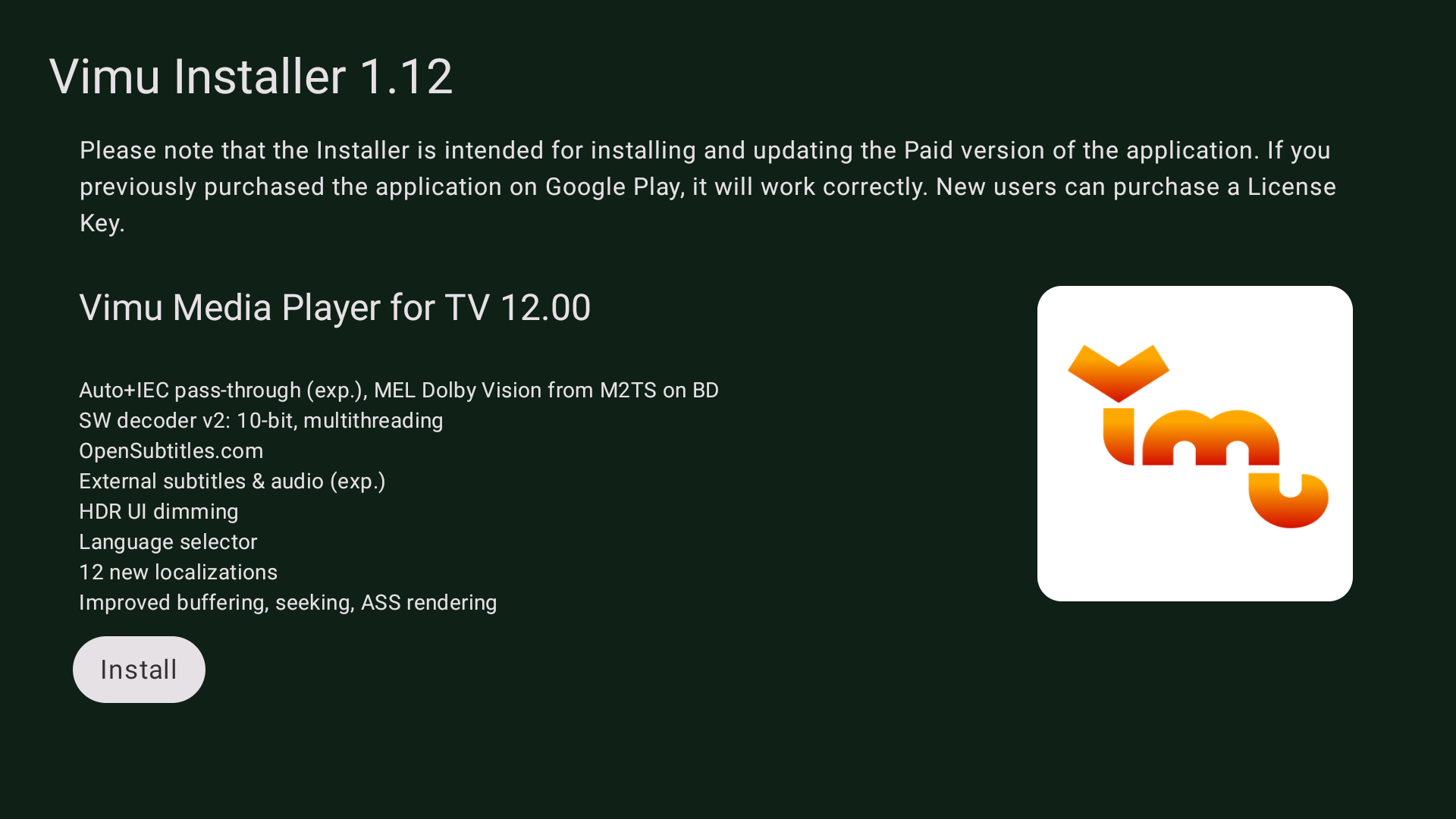 Vimu Installer main screen