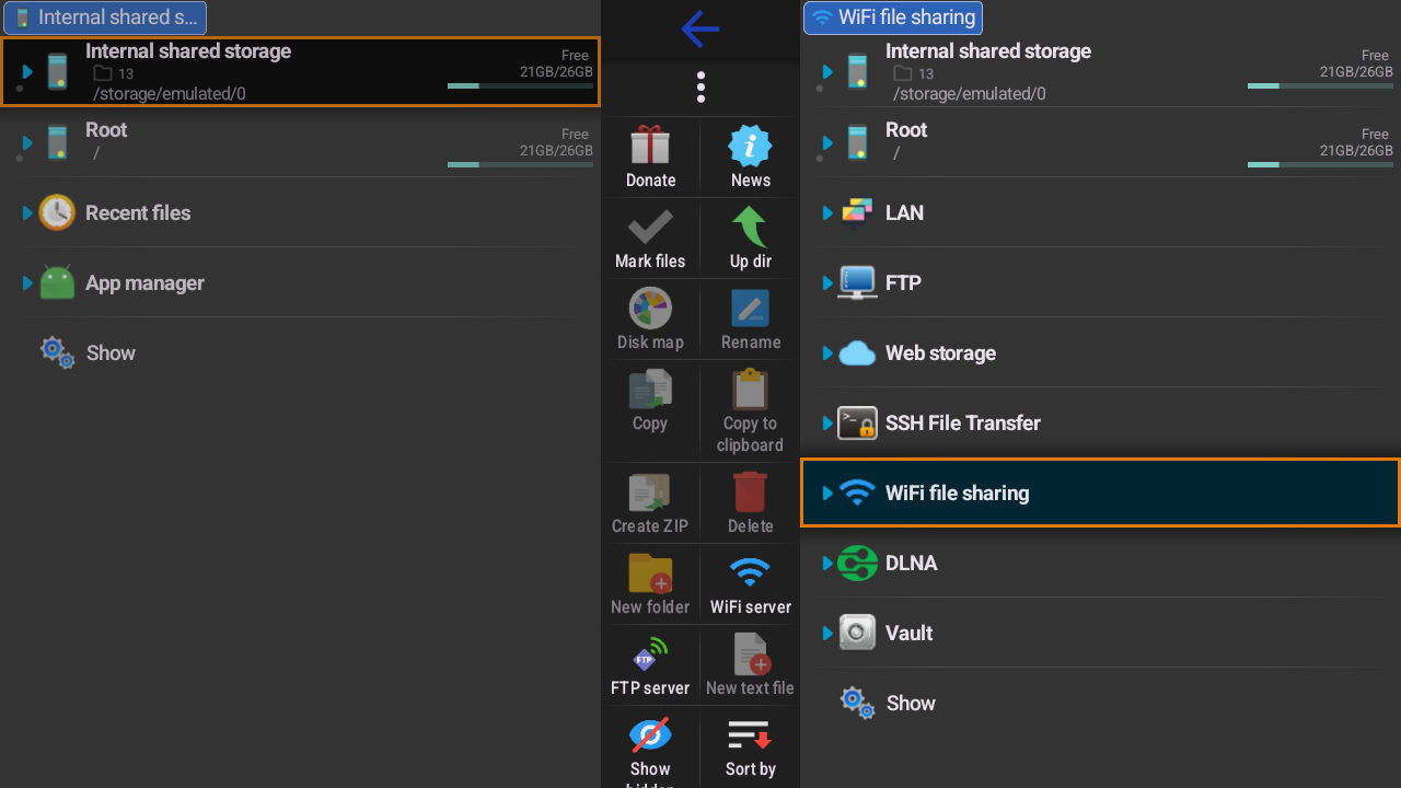 X-plore WiFi file sharing menu