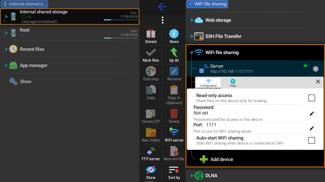 X-plore WiFi file sharing settings